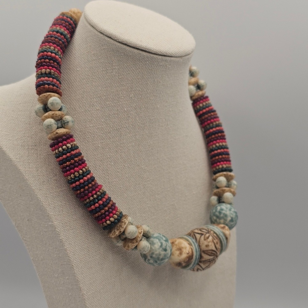 Beaded Statement Necklace Multicolor Boho Tribal Chunky Earthy - Picture 3 of 12